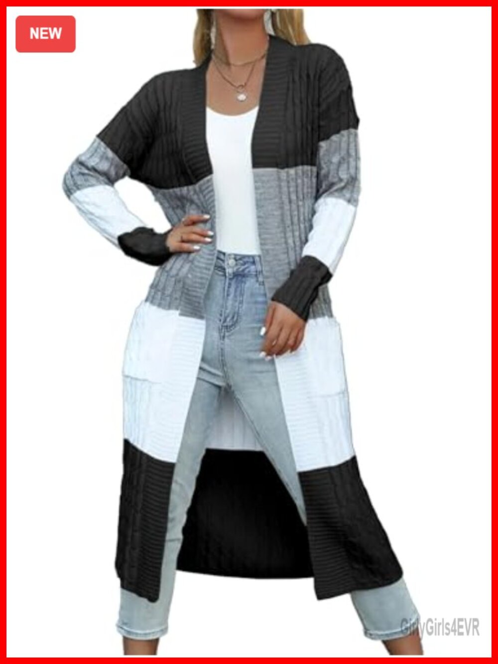 Womens Color Block Chunky Cable Knit Long Duster Open Front Cardigan